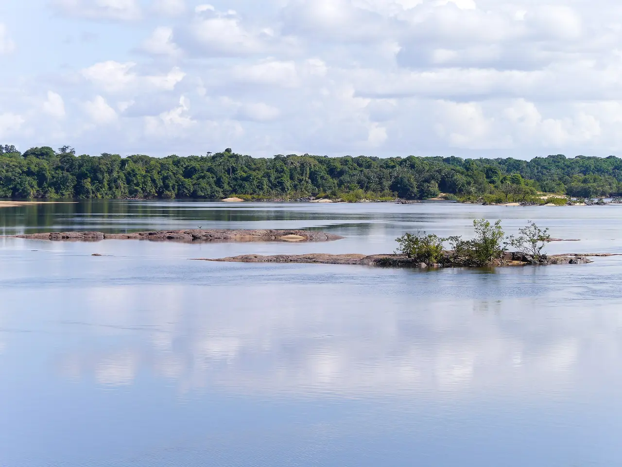 A broad river with forested banks and a small rocky island in the Iwokrama Forest