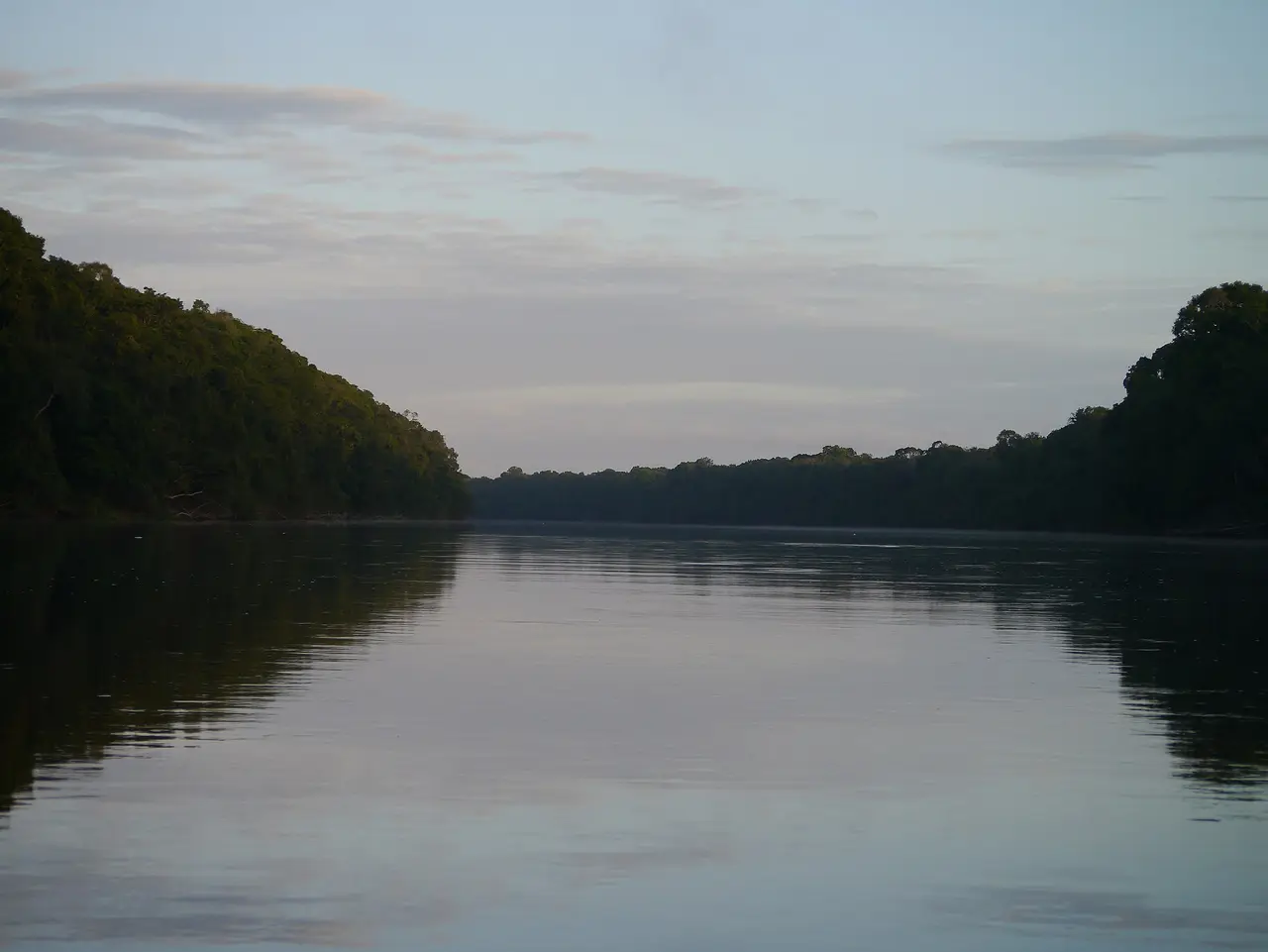A calm river at dusk between walls of rainforest in the Iwokrama Forest
