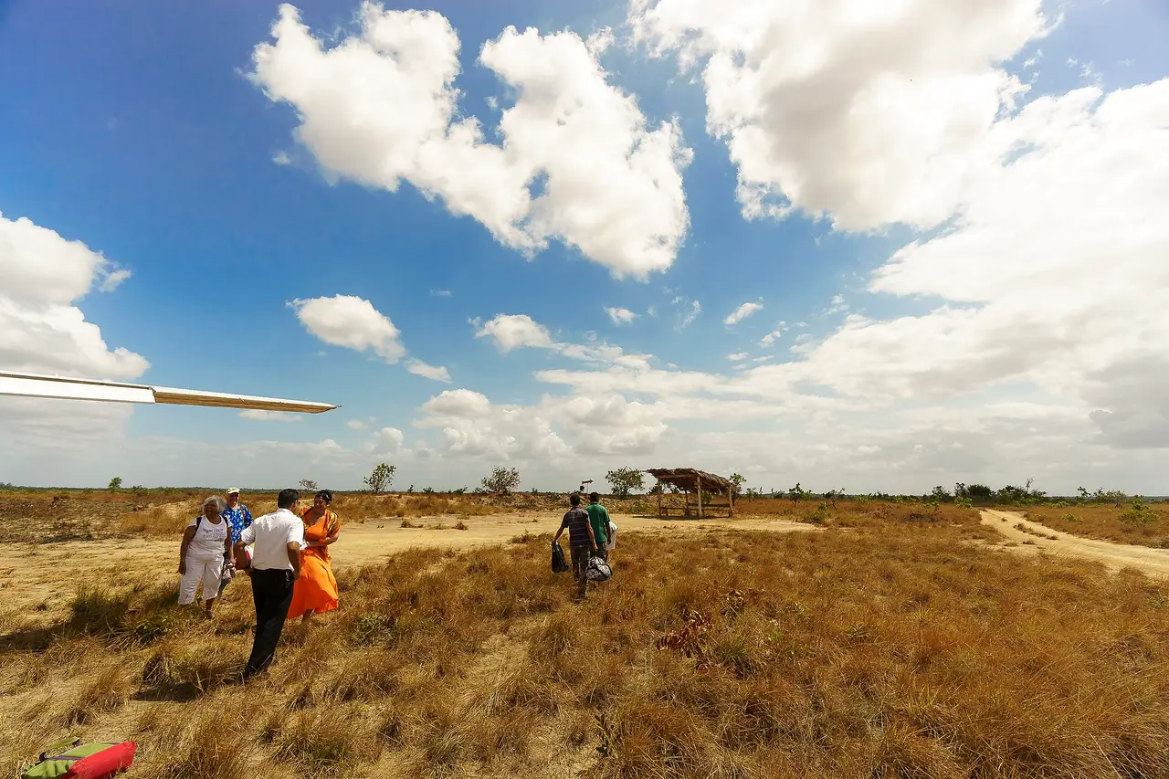 Passengers walking from a light aircraft across a grass airstrip in the savannah at Karanambu